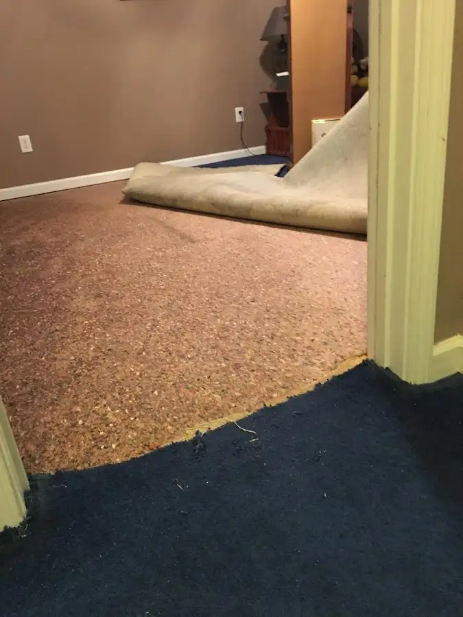 Carpet pad removal revealing water damage during Drying & Dehumidification in East Palo Alto